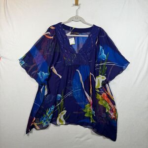 Mush Baby Sienna Rose Sheer Floral Boho Top Womens Large Blue Lace V Neck NWT